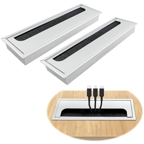 HASTHIP® Rectangular Wire Cable Hole Cover with Dust-Proof Brush, Aluminum Metal Cable Organizer, Wire Manager for Table, Desk Hole Cap for Office and Computer Desks (280mm*80mm, Silver)