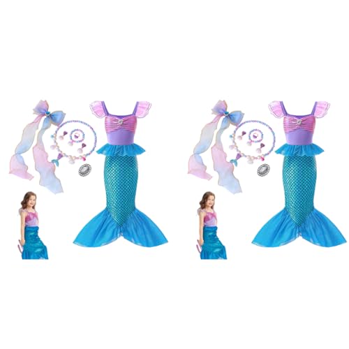 PATPAT® Mermaid Dress for Girls Little Costume with Matching Jewelry and Hair Clip Princess Dresses 5-6 Years Gift Birthday Party Suggested for 20-25kg Girl 2 PCS