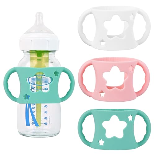 SNOWIE SOFT® Compatible with Dr Brown's 3Pcs Baby Bottle Holders for Dr Brown's Glass Baby Milk Bottle Dual Ear Design Silicone Cutout Pattern Baby Bottle Holders for 5Oz /150ml & 9Oz/270ml