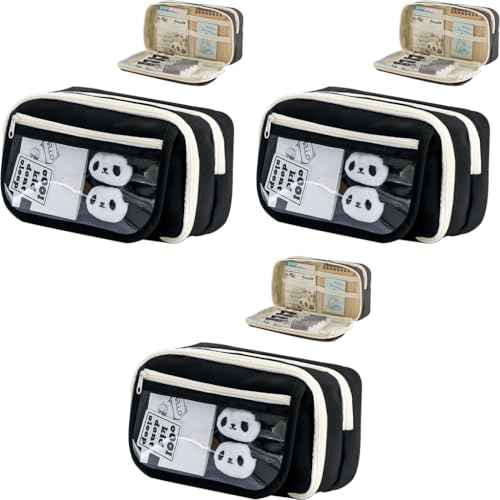 ZIBUYU® Student Pencil Pouch Fashion Multi-Layer Cloth Case Bag with Clear Mesh Pockets School Office Stationeries Storage Scrapbooking Accessories Organizer Black 3 PCS