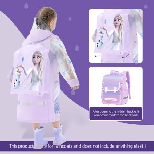 PALAY Raincoat for Kids Girls with Pockets, EVA Hooded Poncho with School Bag Rain Cover, Cartoon Printed Knee Length Long  Kids Rain Coat with Pocket (L)