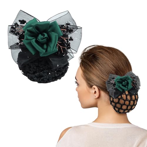 MAYCREATE Barrette Hair Bun Nets Flower Bun Naker for Hair, Hair Bun Accessories for Women, Green Floral Hair Snood Net, Spring Clip Hair Net for Women Dancer Nurse Work or Daily