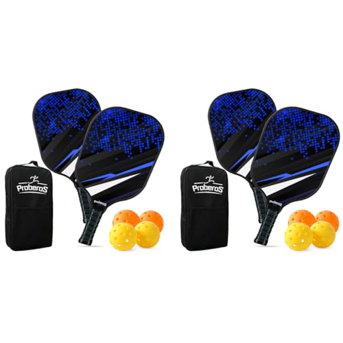 Proberos® Pickleball Racket Set with 4 Balls Carry Bag Fiberglass Surface Honeycomb Shock Absorption Tech Lightweight Paddle Kit for Outdoor Indoor Family Games Kids Adults 2PCS