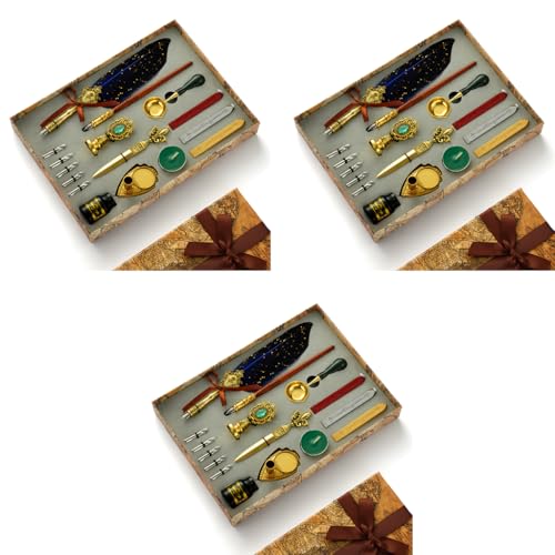 HASTHIP® Quill Pen Ink Wax Seal Stamp Gift Set Feather Dip 5 Replacement Nibs 3 Wax Sticks Nib Base White Spoon Valentine Blue 3 PCS