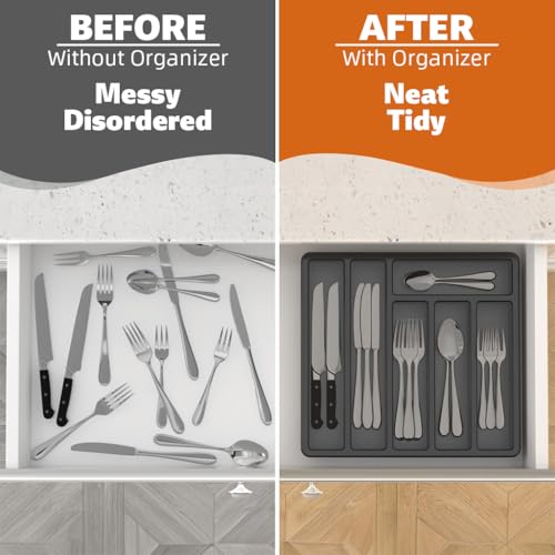 Supvox® Silverware Organizer with Lid 6-Compartment Design Dust Proof Utensil Storage Tray for Drawer and Countertop Drawer Organizer Universal Cutlery for Spoons,Forks,Table Cutters