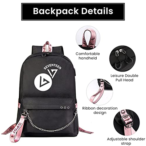 PALAY® K-POP Seventeen School Backpack Travel Backback Seventeen Fashion Print Backpack Suitable for Girls Laptop Backpack School Gift for Girls (Black)