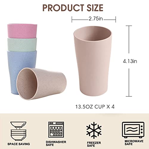 HASTHIP® 400ml Reusable Drinking Cup, 4Pcs Plastic Materials Cup for Adults, Dishwasher and Microwave Safe, Wheat-Straw Water Cups Mugs for Milk, Water, Juice, Soda, Etc