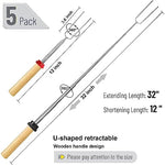HASTHIP® 5Pcs Barbeque Stick, 32'' Extendable Stainless Steel Skewers for Grilling, Portable Wooden Handle Roasting Stick, Campfire Sticks, Reusable BBQ Grill Stick for Cooking Tools