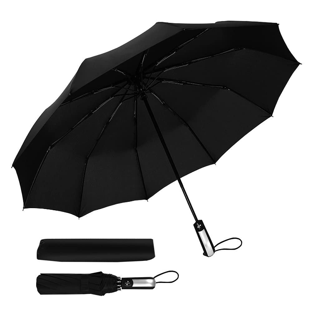 ZIBUYU Big Umbrella for Rain and Sun Protection with 10 Fiberglass Ribs and Automatic 3 Fold Design | Waterproof UV Resistant Travel Umbrella for Men and Women