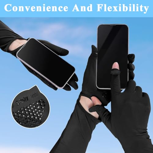 PALAY® Sun Protection Gloves & UV Arm Sleeves Combo for Women, Breathable Silk, Non-Slip, Touch Screen, Cooling, Full Finger & Open Tip, Outdoor Driving, Cycling, Gardening – Black