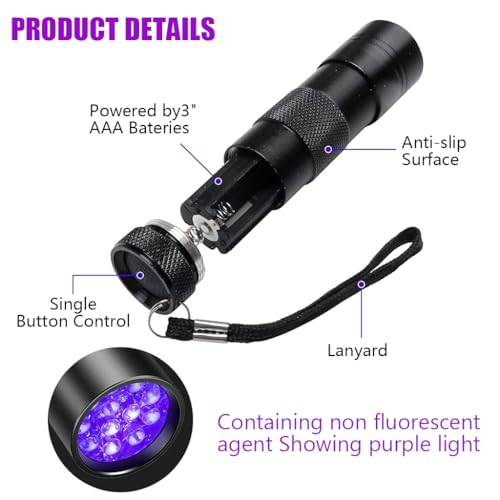 Qpets® 395NM UV Light Torch 12 LEDs UV Portable Flashlight Jade Appraisal Light Detector Lamp Also Used for Leak Pet Urine Bed Bug Scorpion Hotel Inspection Dry Stain X3