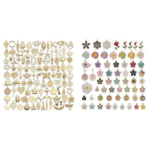 MAYCREATE® 160pcs Gold Plated Enamel Floral and Alloy Charms Combo Set for DIY Jewelry Making, Necklace, Bracelet, Earring, Keychain, Crafts, Journaling, Scrapbooking, Planners