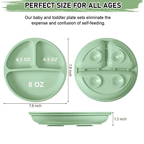SNOWIE SOFT® Baby Suction Plates for Feeding with 4 Strong Cups Silicone Toddler Deep Divided Kids Themselves Dishwasher Microwave Oven Safe Green 2PCS