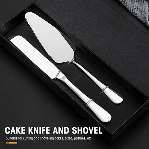 HASTHIP® Cake Cutting Knife Set, Elegant Stainless Steel Cake Knife and Cake Server Set, Cake Cutter and Pie Spatula for Birthday Anniversary Christmas Gift Set of 2, Silver