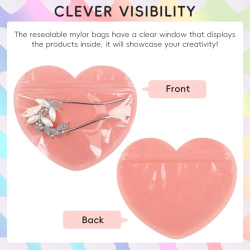 ZIBUYU® 200PCS Ziplock Pouch Small Pink Heart Shape Zip Lock Bag DIY Handmade Jewellery Pouch with Zipper Business Resealable Transparent for Gifts Bracelet Rings Earrings 10X10Cm