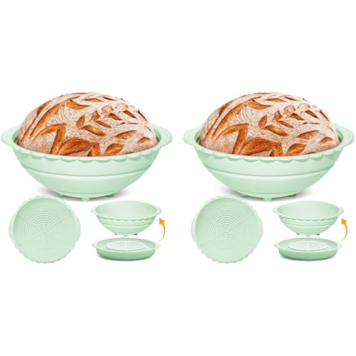 HASTHIP® 9.6-Inch Silicone Bread Basket Round Folding Proofing Food-Grade BPA-Free Non-Stick Baking Supplies for Sourdough Artisan Green 2 PCS