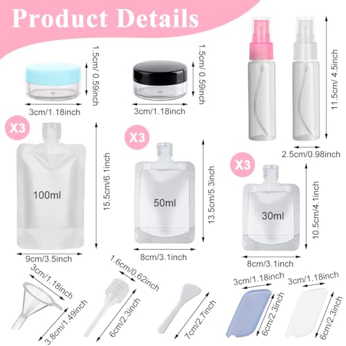 MAYCREATE® Travel Pouch for Toiletries Empty Travel Toiletries Bottle Set of 18Pcs 30/50/100ml Stand Up Pouches Cream Jar Travel Accessories Portable Bottle for Travelling Kit for Shampoo Lotion Soap