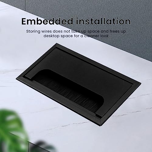 ZIBUYU® Rectangular Wire Cable Hole Cover Aluminum Alloy Office Table with Dust-Proof Brush Grommet Organizer for Desk Table 80x160mm Black 3PCS