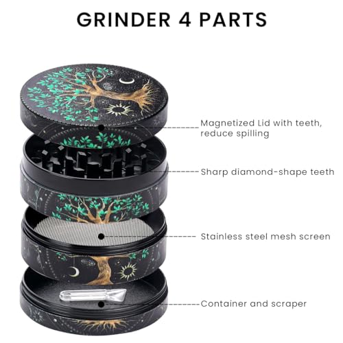 Supvox® Tree of Life Herb Storage Grinder Zinc Alloy Spice Mill with Precision Teeth 4-Layer Design Aesthetic Kitchen Tool for Herbs Spices 3PCS