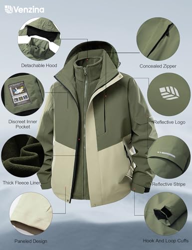 Venzina® Men's 3-in-1 Outdoor Hiking Jacket, Lightweight Windproof Waterproof Jacket with Detachable Fleece Liner for Winter Sports, Camping, Travel, Army Green-M