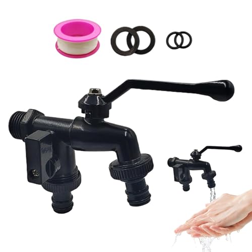 HASTHIP® Faucet Spillter Garden Tap Splitter Universal Dual Outlet Faucet Spillter with Control Valve Zinc Alloy Two Way Tap for Watering Hose, with O Rings, Rubber Washer, Thread Seal Tape