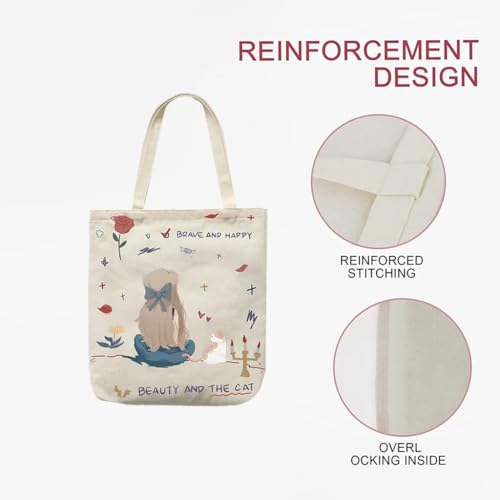 ZIBUYU® Cotton Canvas Tote Bag for Women Reusable Happy Girls Shopping Bag with Graphic Print, Foldable & Washable for College, Beach, Work & Daily Use (White, 1 Pc)