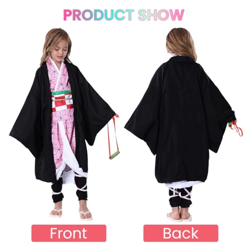 PATPAT® Anime Cosplay Nezuko Halloween Costume for Girls Kimono Anime Nezuko Costume Kids Outfit Black Robe Pink Kimono Uniform Full Cosplay Set Demon Slayer Kids Costume Christmas Gifts, Size 120CM