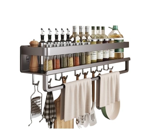 Supvox® Kitchen Seasoning Jar Holder, 23.6 inch Carbon Steel Wall Seasoning Jars Holder Rack No Drill Wall Condiment Organizer with Utensils Hanging Hooks & Dish Towel Rack