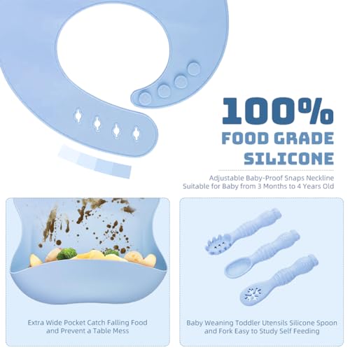 SNOWIE SOFT® Baby Feeding Set 30PCS Food Grade Toddlers Silicone Plate Sipping Cup Bowl with Bib Cutleries Self-Feeding Tableware Sterilizable Blue