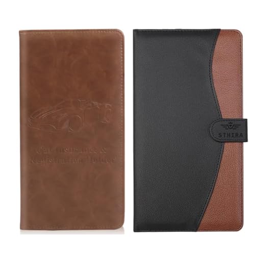 STHIRA® 2 Pack Car Document Holder Pu Leather Bifold Documents Organizer Multi-Compartment Paper Holder Bag Secure Vehicle License & Registration Holder With Card Slots For Cash/Id, 1 Brown, 1 Black