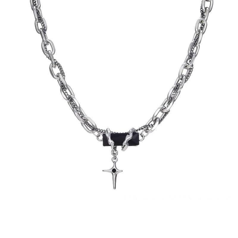 Proberos® Necklace for Men Women Silver Black Stainless Steel irregular Layered Cross Chain Jewellery Accessories Gifts for Boys,Boyfriend & Husband
