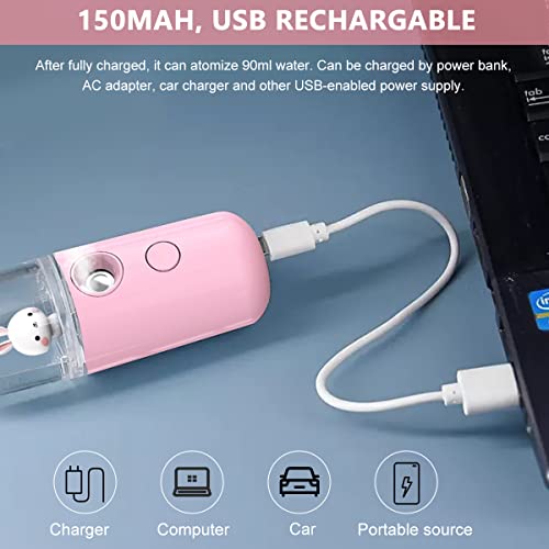 Venzina® 2pcs Mini Facial Nano Mist Spray Face Mist Spray Machine 30ml Portable Cartoon Bunny Design Cool Mist Sprayer for Facial Moisturizing and Skin Care - USB Rechargeable