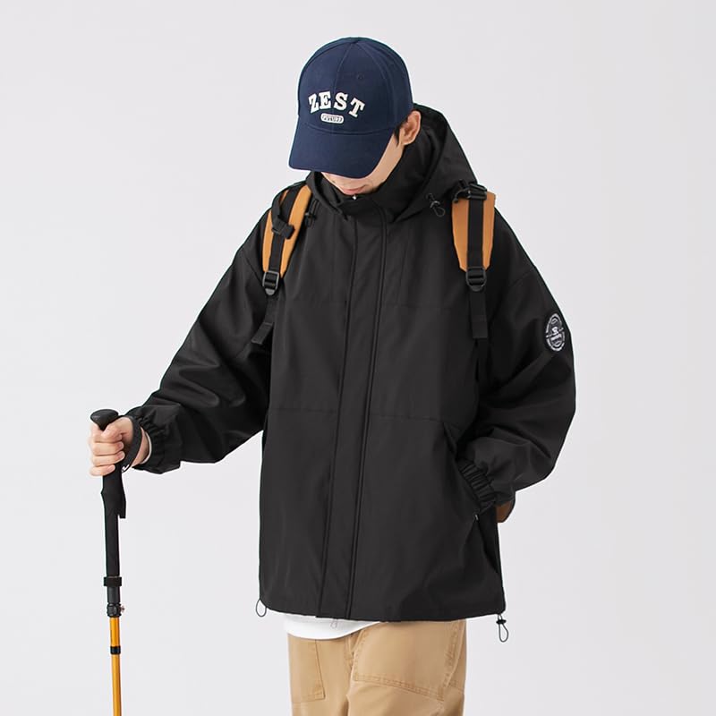 Venzina® Outdoor Hiking Jacket for Men, Splashproof Hoodie with Elastic Windproof Cuffs, Zippered Pockets, Double-Layer Thermal Design, Fashion Sporty Jacket for Hiking & Urban Commute, Black-M