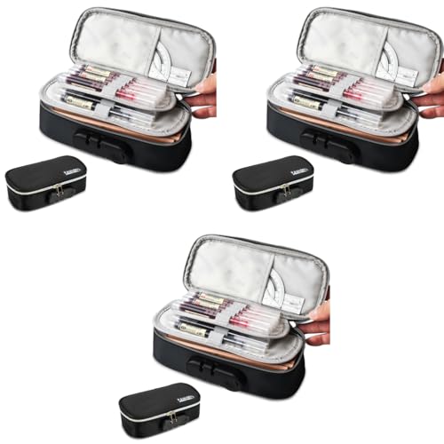 HASTHIP® Canvas Large Capacity Pencil Case with Combination Lock 4 Layer Compartments Big Pouch for Boys Girls Waterproof Box Pen Insert School Black 3PCS
