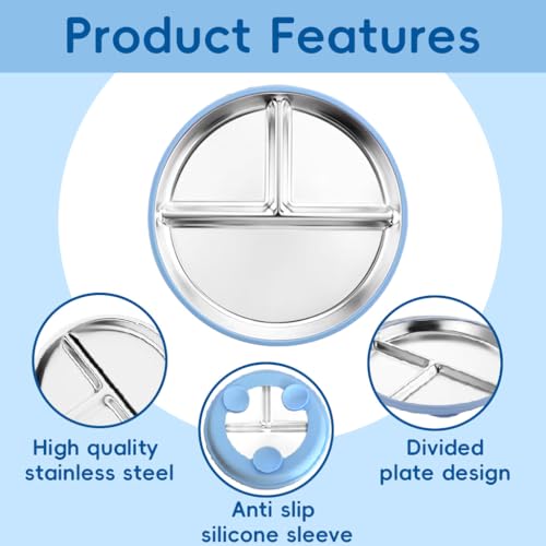 HASTHIP® Kids Food Plate with Suction Cups 9 Inch Round 3 Compartment Stainless Steel for Toddlers Self-Feeding Training Anti-flip Shallow Breakfast Bread Snack 3PCS