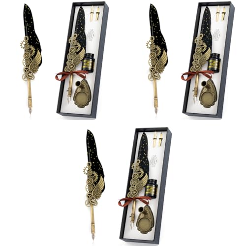 HASTHIP® Quill Pen Set Mechanic Style Calligraphy with Blue or Black Ink 2 Replacement Nibs Holder Vintage Signature Fountain Dip Gift Black 3PCS