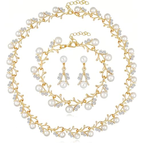 SANNIDHI® Stylish Design Fancy Pearl Bracelet Earrings Necklace Jewellery Set for Women Valentine Gift for Girlfriend-Gold