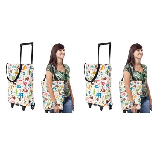 Serplex® Portable Shopping Cart with Shoulder Straps and Telescoping Handle 20KG Capacity Waterproof Trolley for Groceries Fashion Cartoon Print 2 PCS