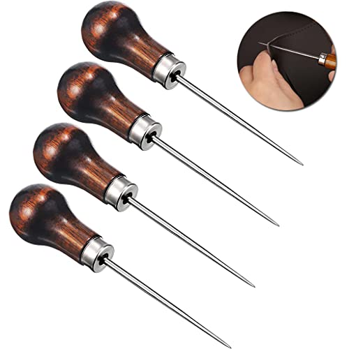 Supvox® 4 Pcs Awl Tool, Needles Sewing Awl Hand Stitcher, Gourd Shape Leather Craft Cloth Wooden Handle Scratch Awl Tool, Pin Punching for Canvas Leather Pouch Hole DIY Shoes Repair