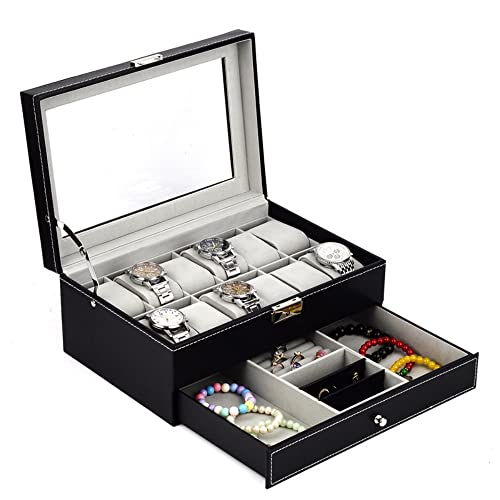 HASTHIP® 12 Slot Black Lockable Watch Storage Box, Men & Women Jewelry Display Drawer Case, 2-Tier Watch Case with Glass Lid & Metal Lock for Sunglasses Rings Watch Jewelry (No Watch)