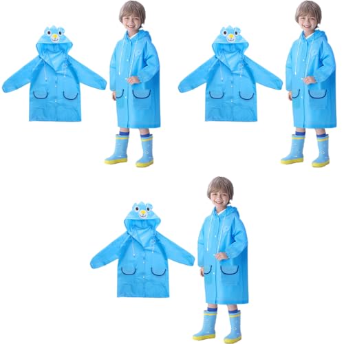 PALAY® Raincoat for Kids Boys Girls with Hood Polyester Ponchos Pockets Bright Color Cute for 3-7 Years Old 3 PCS