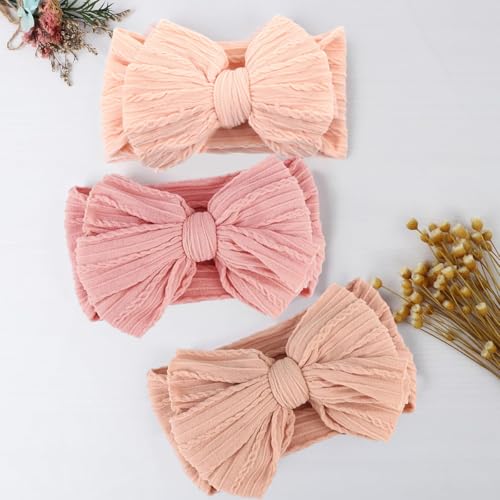 SNOWIE SOFT® 6PCS Hair Bands for Baby Girls 0-24 Months 3-Color Nylon Turban Knotted Pink Bow Girl Super Stretchy Headbands Accessories