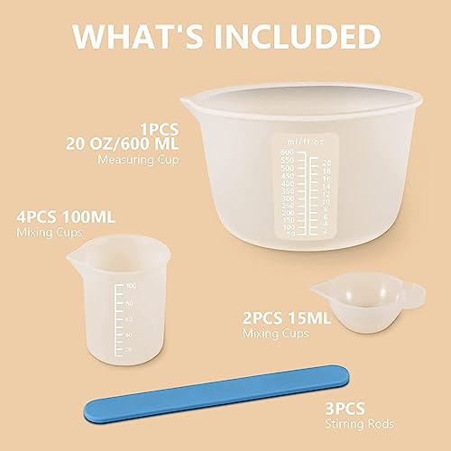 HASTHIP® 9PCS Silicone Measuring Cups for Resin, Reusable Resin Measure Cup with 600&100ml, Silicone Stir Sticks, Resin Mixing Kit for Epoxy Resin, Molds, Jewelry Making, Waxing