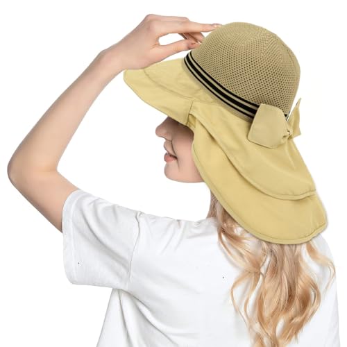 SANNIDHI® Sun Hat for Girls Women UPF 50+ Outdoor Sun Hat with Neck Flap Wide Brim Breathable Mesh Sun Hat Fashion Lightweight Casual  Hat Travel Hat for Hiking, Khaki