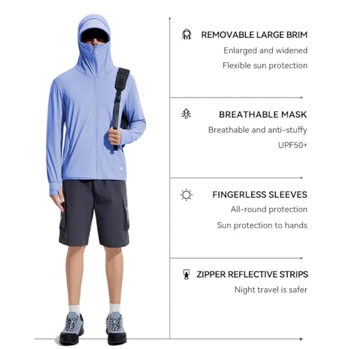 Venzina® UPF 50+ Sun Jacket for Men Lightweight UV Sun Protection Hoodie with Chin Strap, Quick Dry Sunscreen Clothing Long Sleeve Sun Shirts for Hiking Fishing, Blue, L