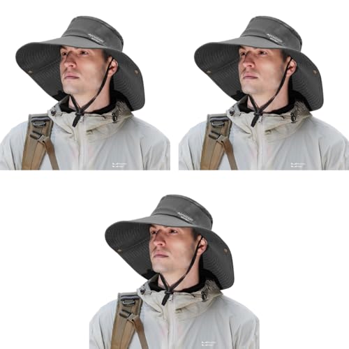 Proberos® UPF50+ Sun Hat With Breathable Mesh, Wide Brim 12CM, Quick Dry Lightweight Fishing Hiking Travel Hat For Men Women Outdoor With Chin Strap, Foldable Sun Protection Hat, Grey 3 PCS