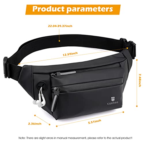 GUSTAVE® Waist Bag for Men Women with Adjustable Strap and Headphone Jack, Large Waterproof Chest Bag Fanny Pack for Hiking Travel Camping Running Sports Outdoors with 4-Zipper Pockets 2 PCS