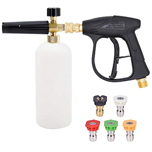 HASTHIP® Car Pressure Washer Gun with 5 Pressure Nozzle Tips and Adjustable Foam Cannon 1 Liter Bottle Snow Foam Lance, Brass Thread With 1/4