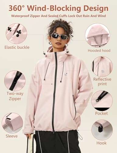 Venzina® Outdoor Hiking Jacket for Women Windproof, Splashproof Hoodie with Pockets, Dual-Way Waterproof Zipper, Loose Fit Long Sleeve Fashion Outdoor Couple Jacket for Hiking, Daily-Pink-L