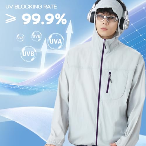 Venzina® Men's Lightweight Athletic Jacket Stylish UPF 50+ Sun Protection Top Quick Dry Full Zip Hoodie with Back Air Vent & Chest Zip Pocket, Waterproof UV Workout Coat for Outdoor, Smoke Gray, XL